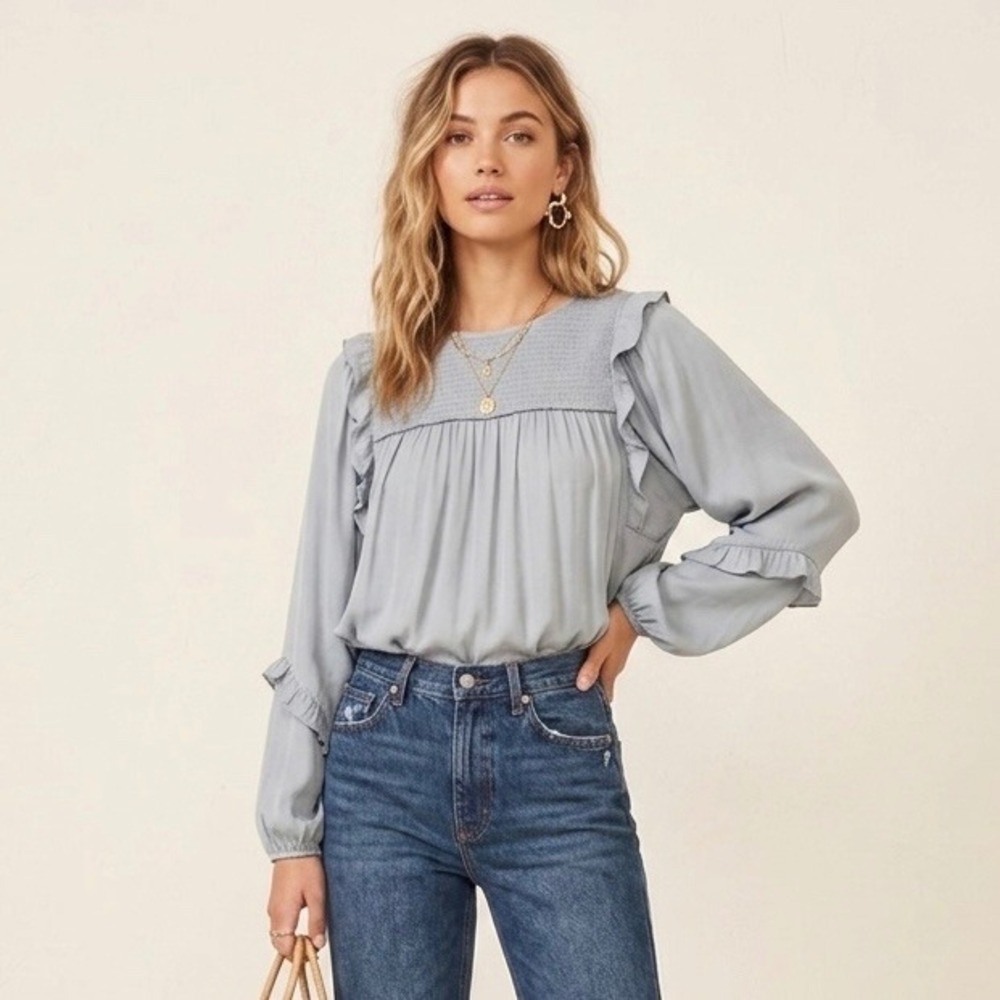 Dolan Left Coast Collection Blue Smocked Ruffle Peasant Blouse Medium